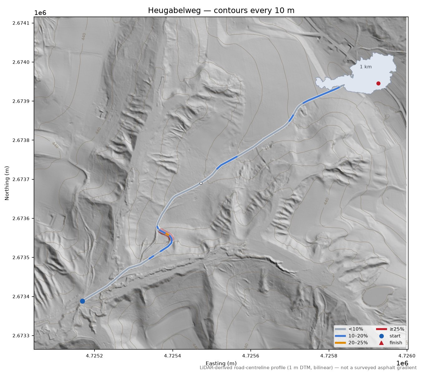 Heugabelweg LiDAR hillshade map with contours