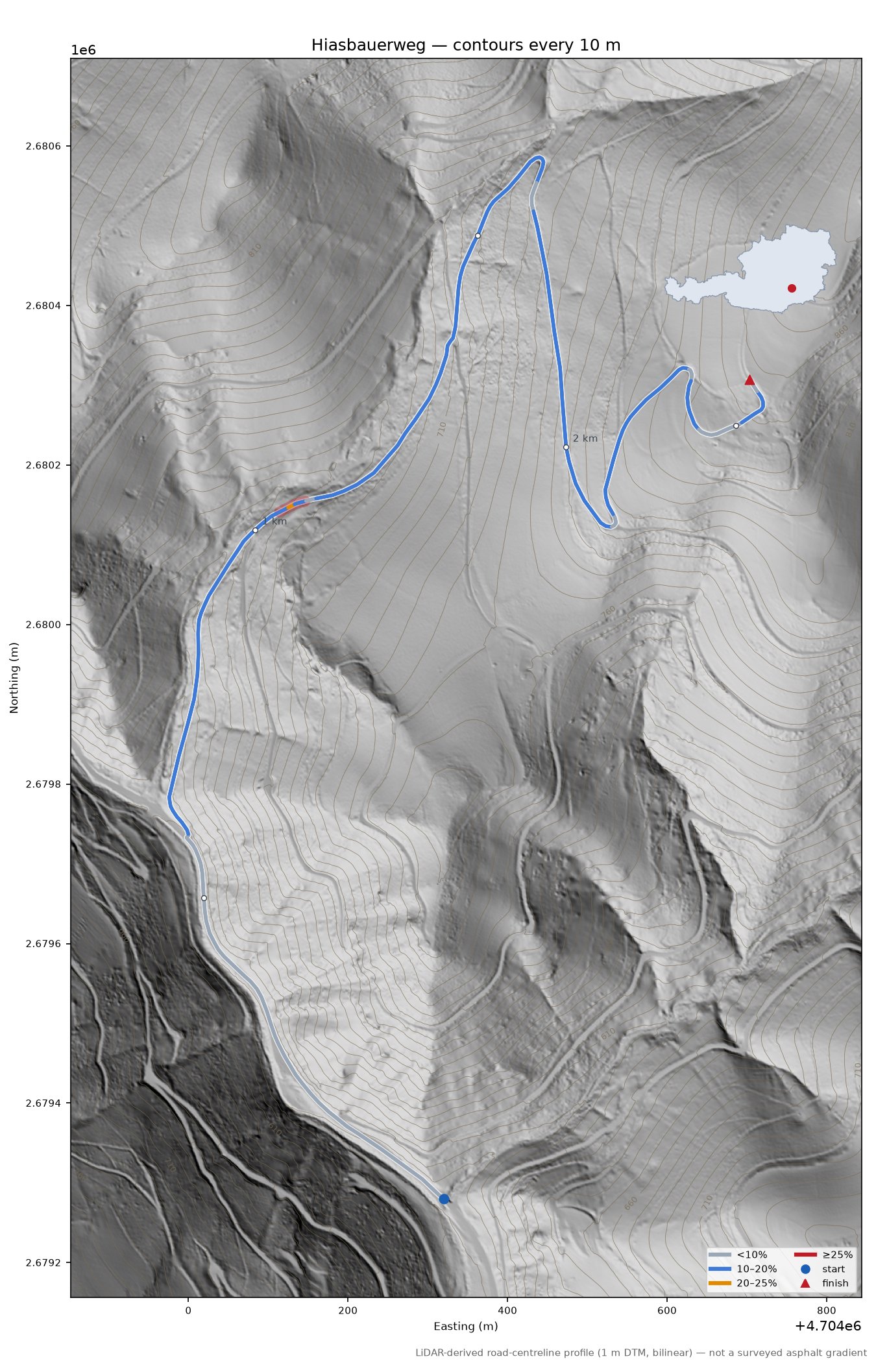 Hiasbauerweg LiDAR hillshade map with contours