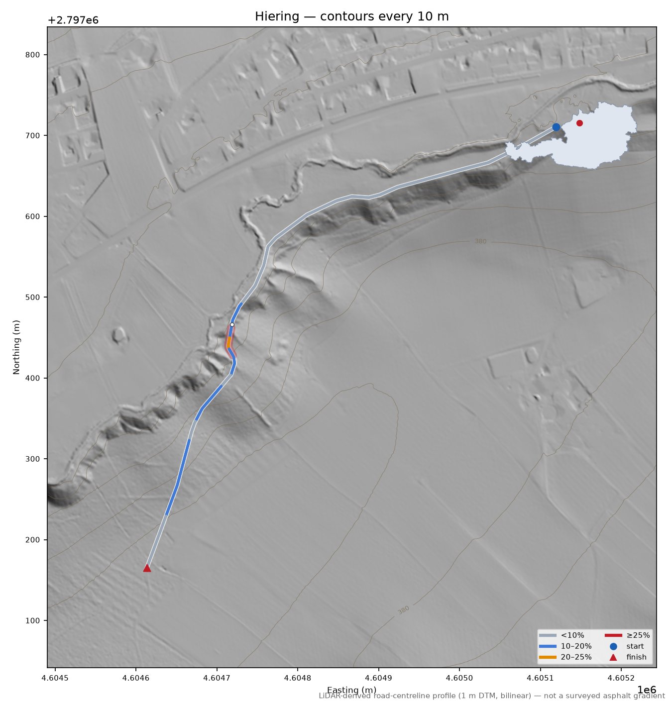 Hiering LiDAR hillshade map with contours