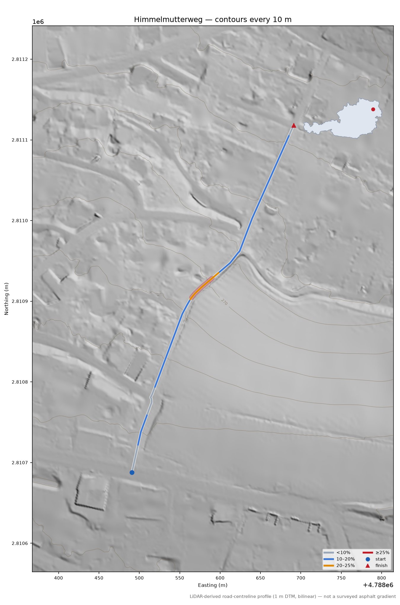 Himmelmutterweg LiDAR hillshade map with contours
