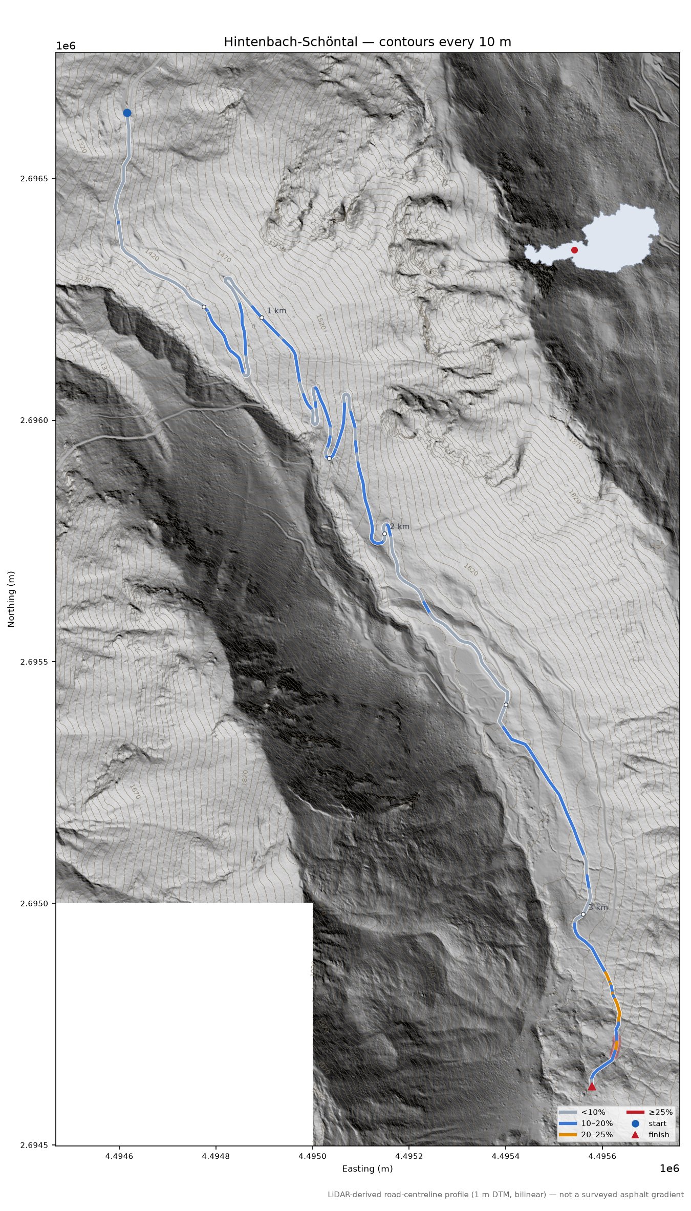 Hintenbach-Schöntal LiDAR hillshade map with contours