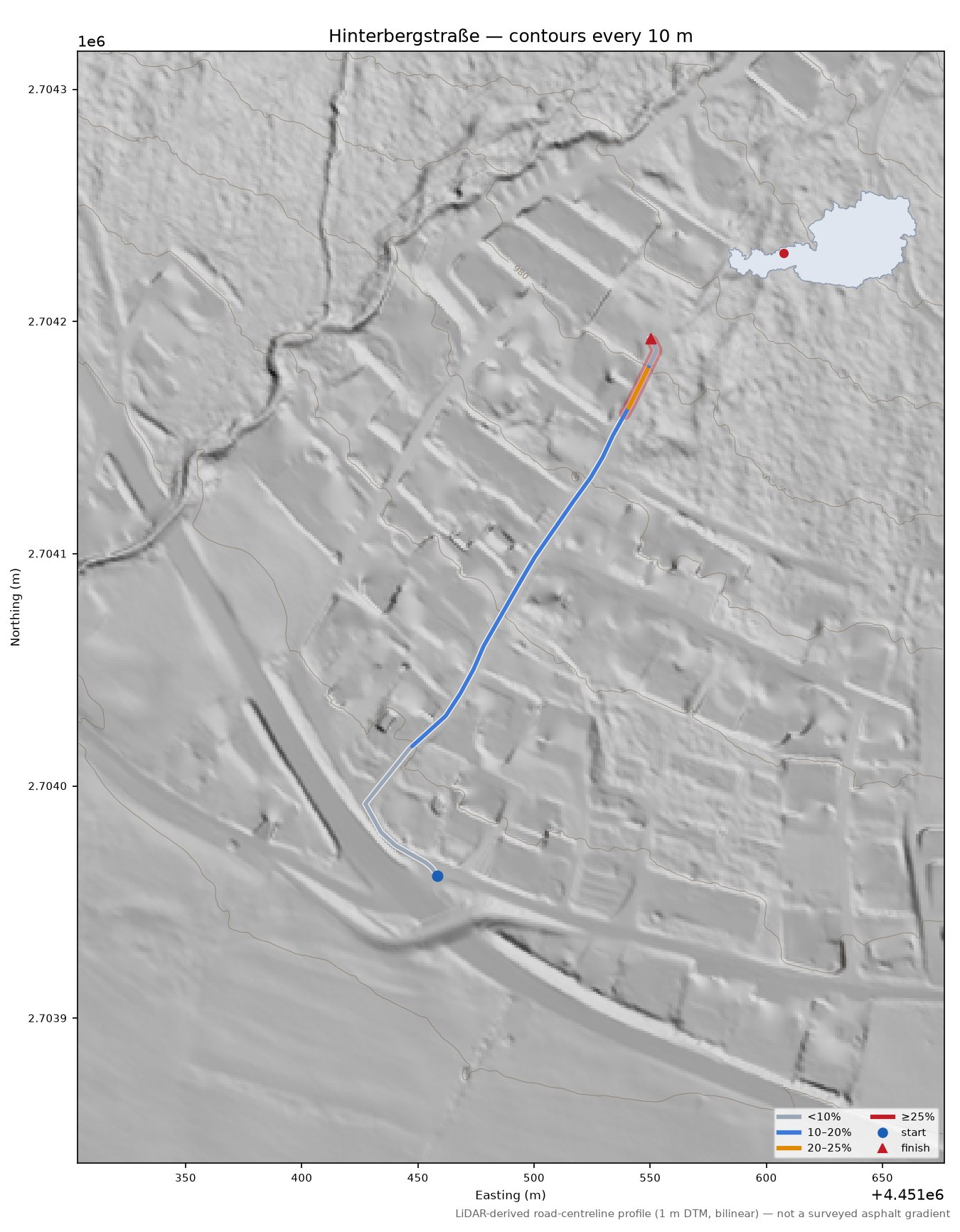 Hinterbergstraße LiDAR hillshade map with contours