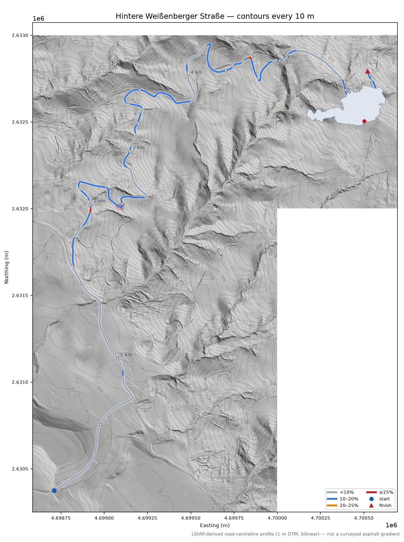 Hintere Weißenberger Straße LiDAR hillshade map with contours