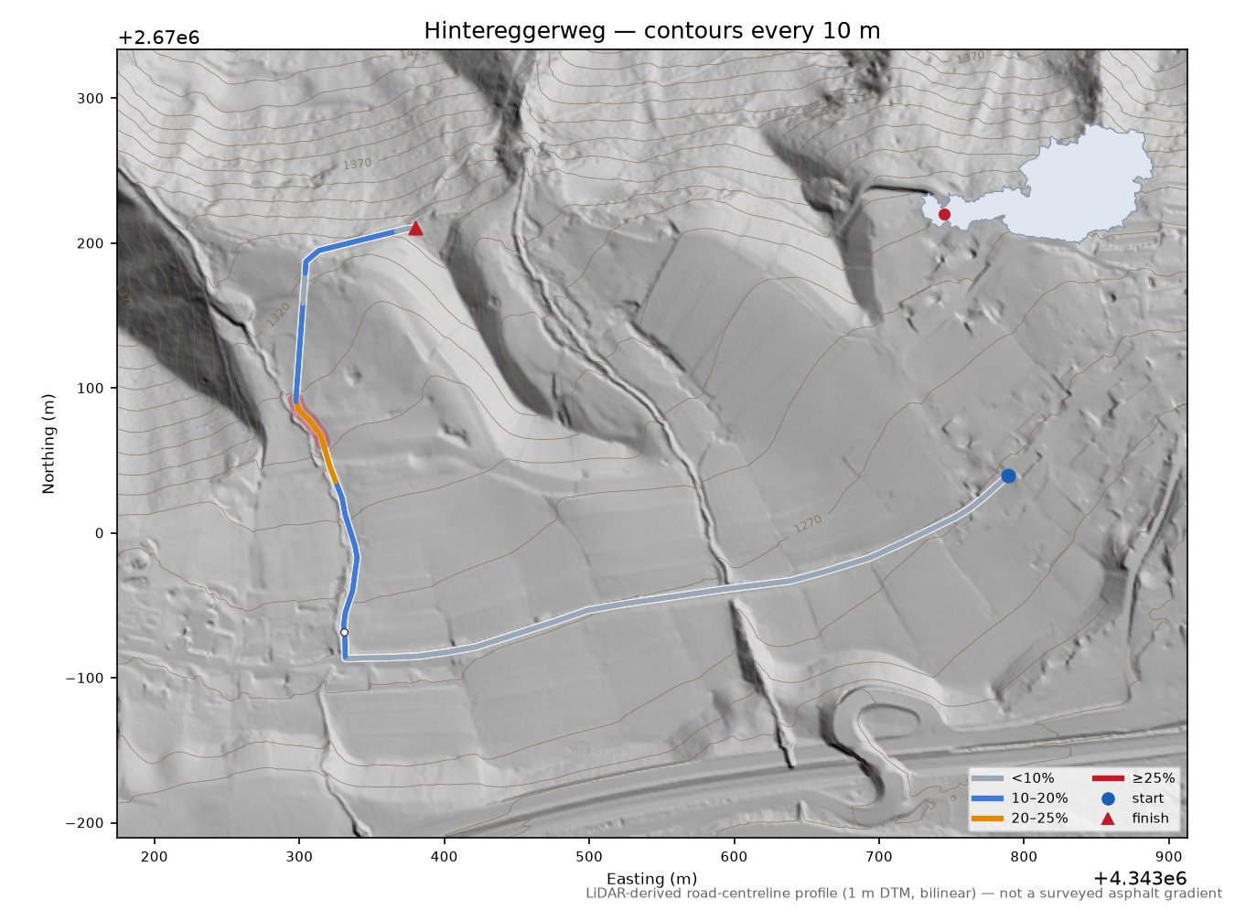 Hintereggerweg LiDAR hillshade map with contours