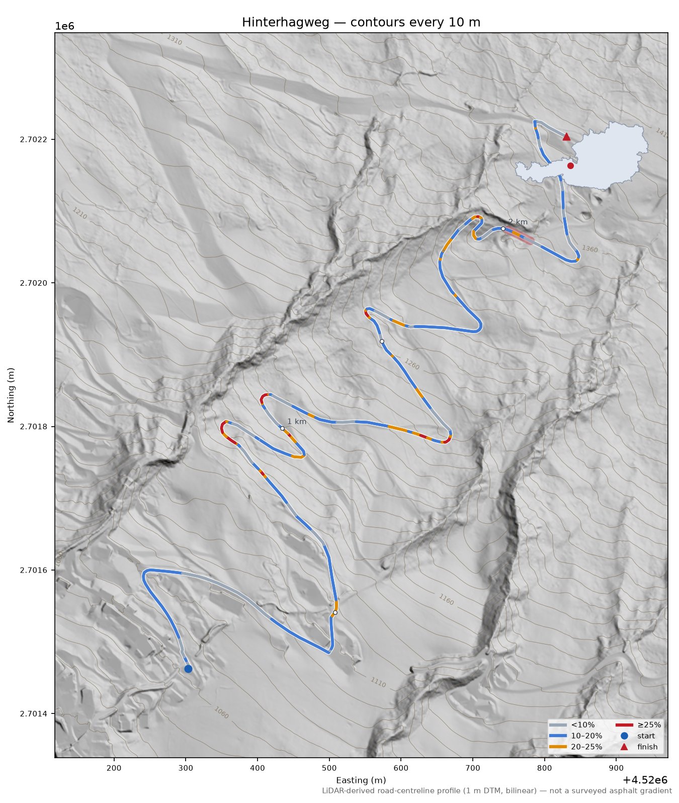 Hinterhagweg LiDAR hillshade map with contours