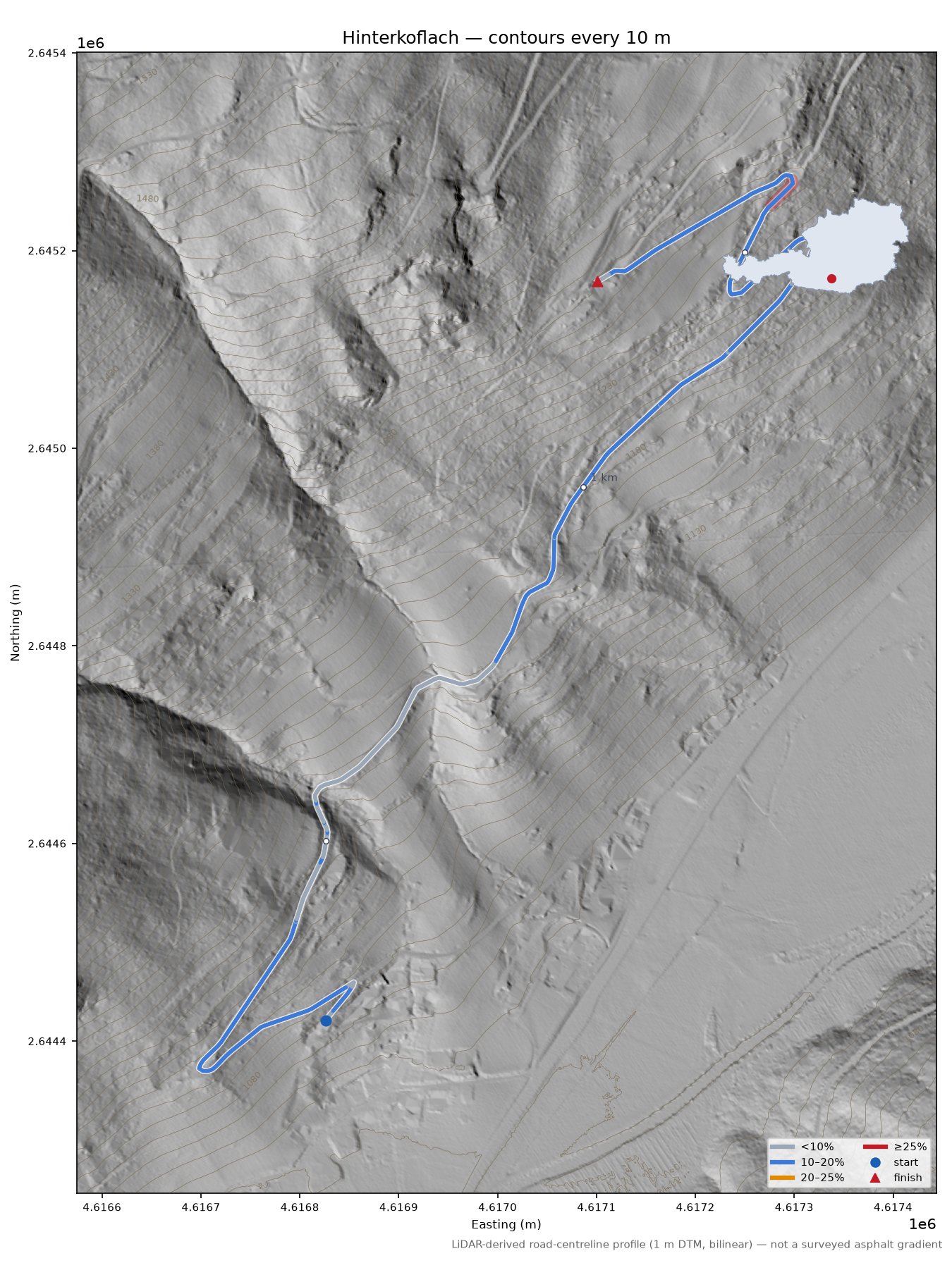 Hinterkoflach LiDAR hillshade map with contours