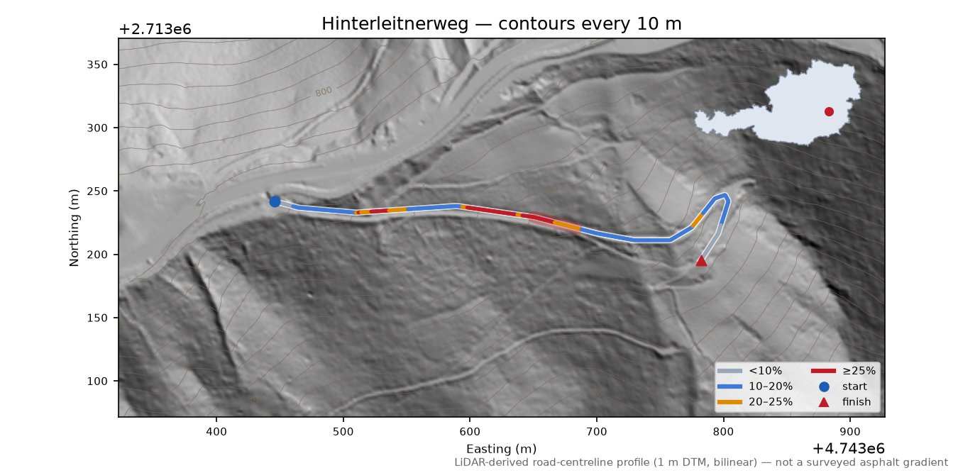 Hinterleitnerweg LiDAR hillshade map with contours