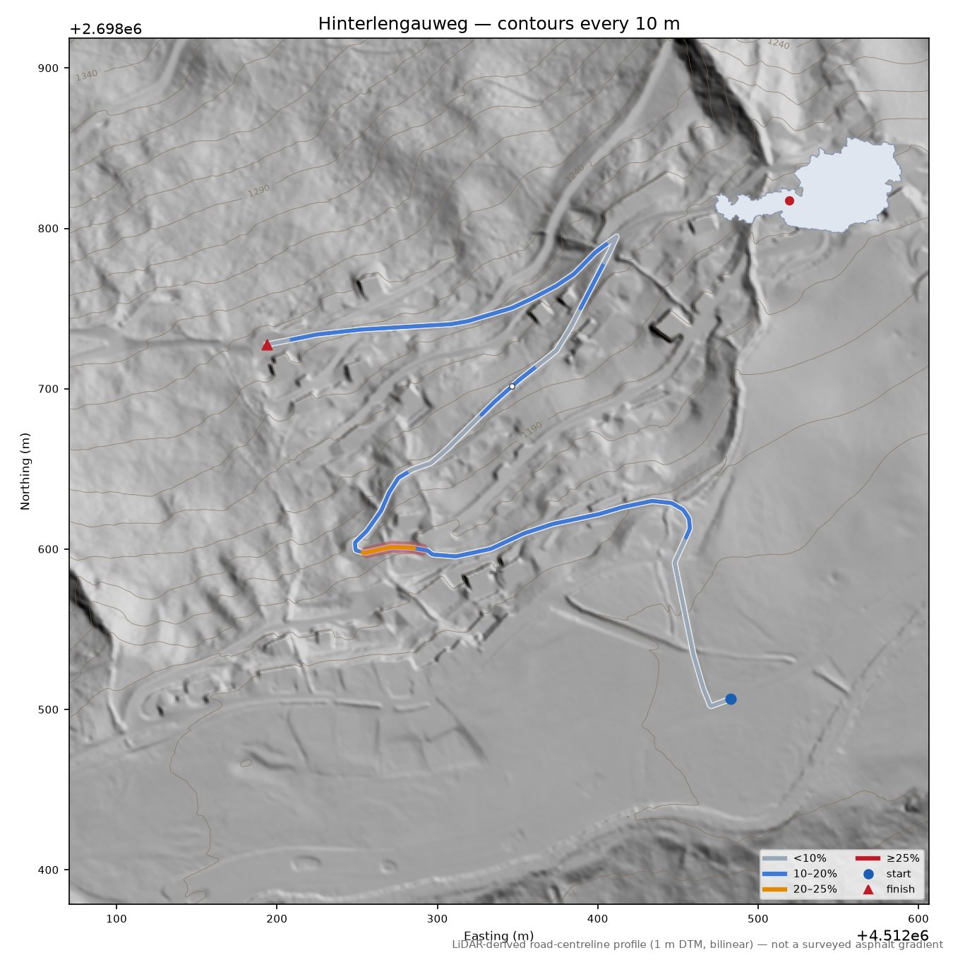 Hinterlengauweg LiDAR hillshade map with contours