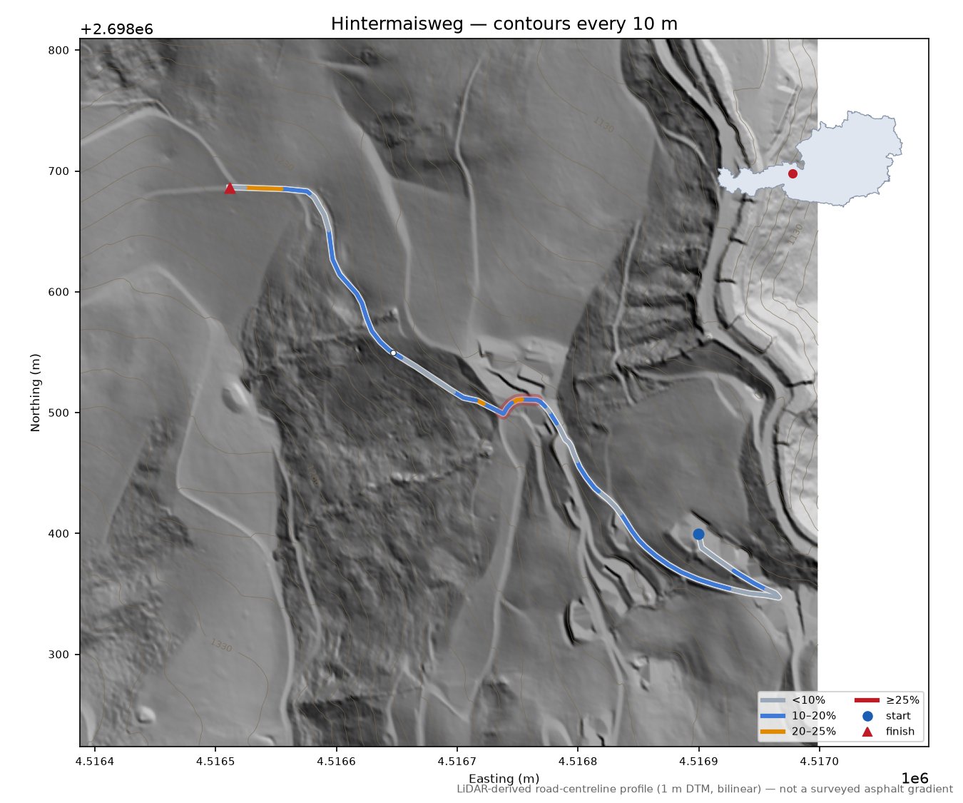 Hintermaisweg LiDAR hillshade map with contours