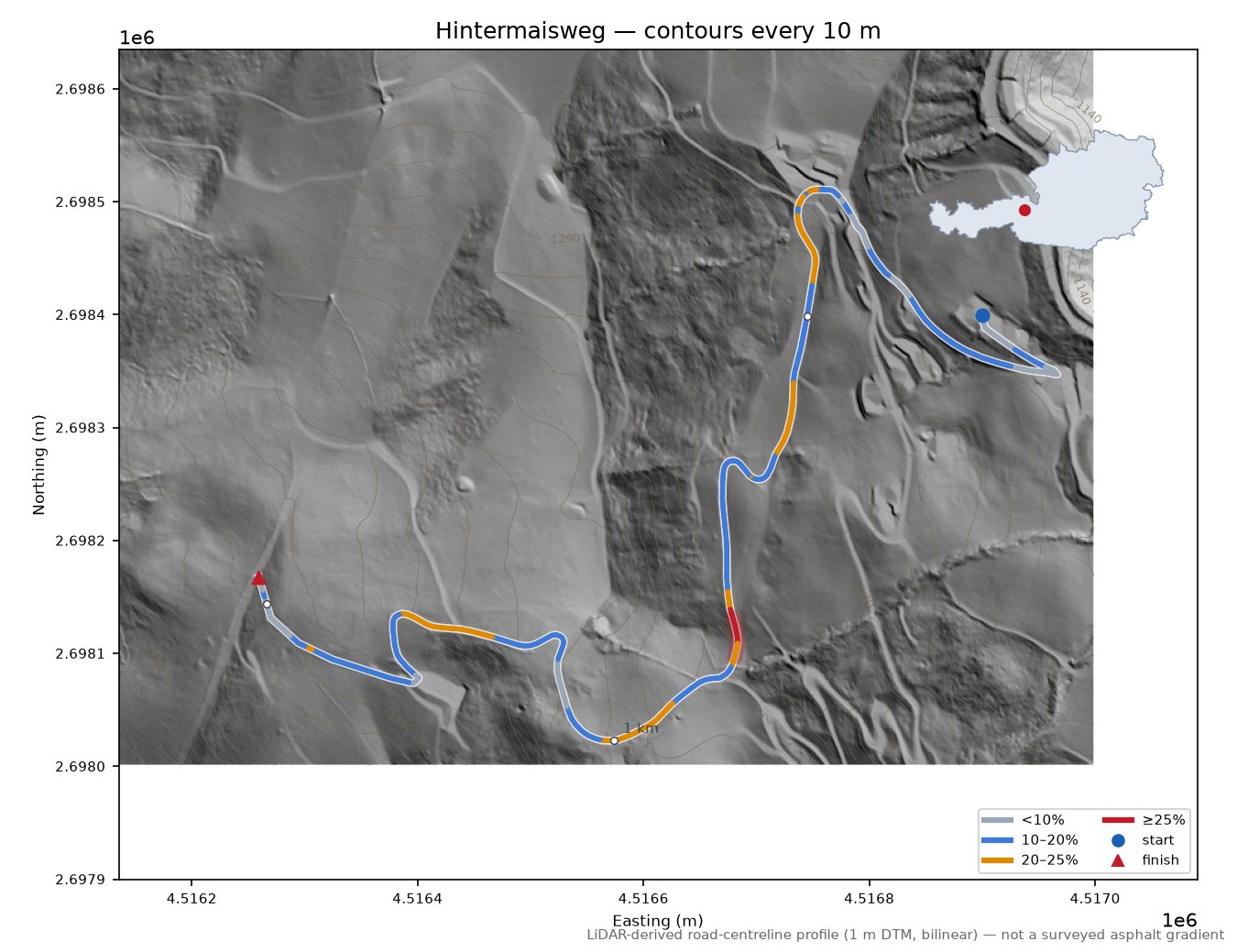 Hintermaisweg LiDAR hillshade map with contours