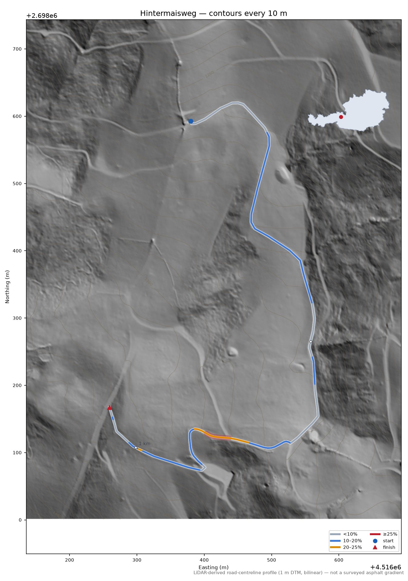 Hintermaisweg LiDAR hillshade map with contours