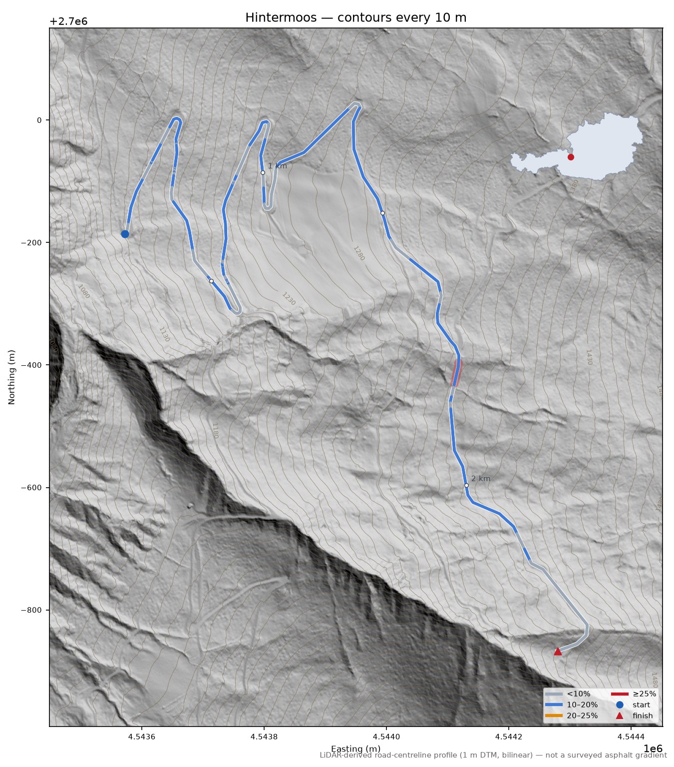 Hintermoos LiDAR hillshade map with contours