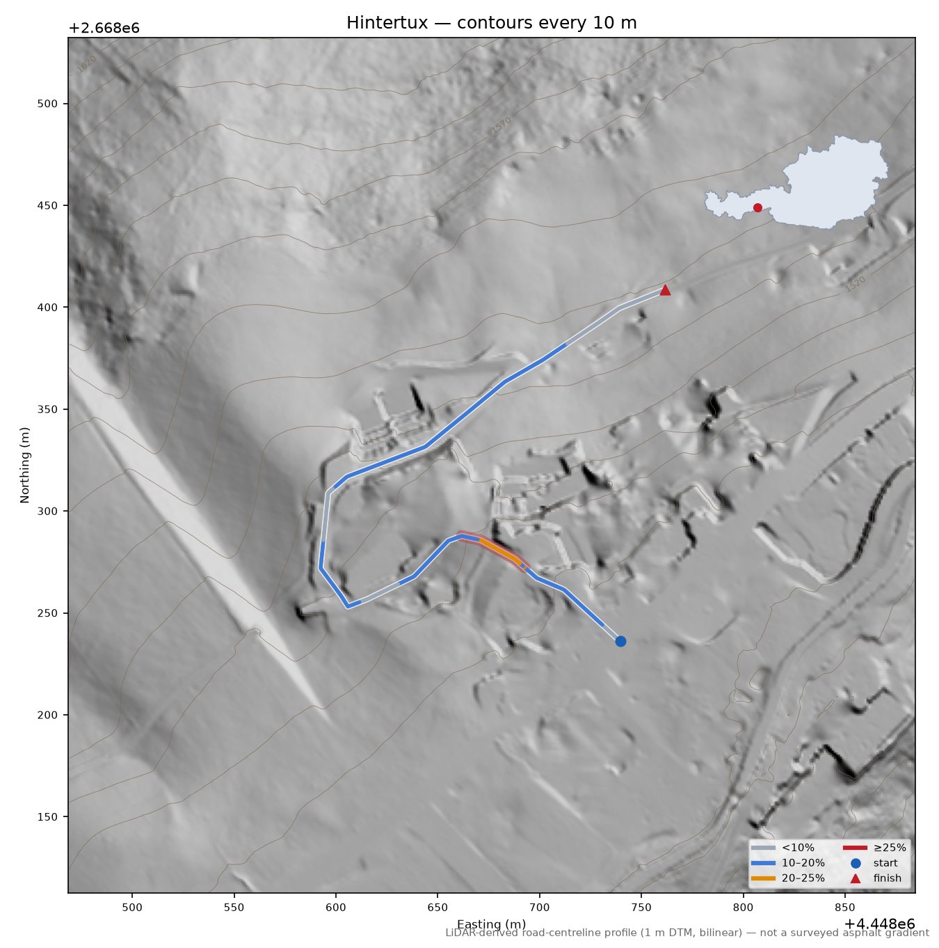 Hintertux LiDAR hillshade map with contours