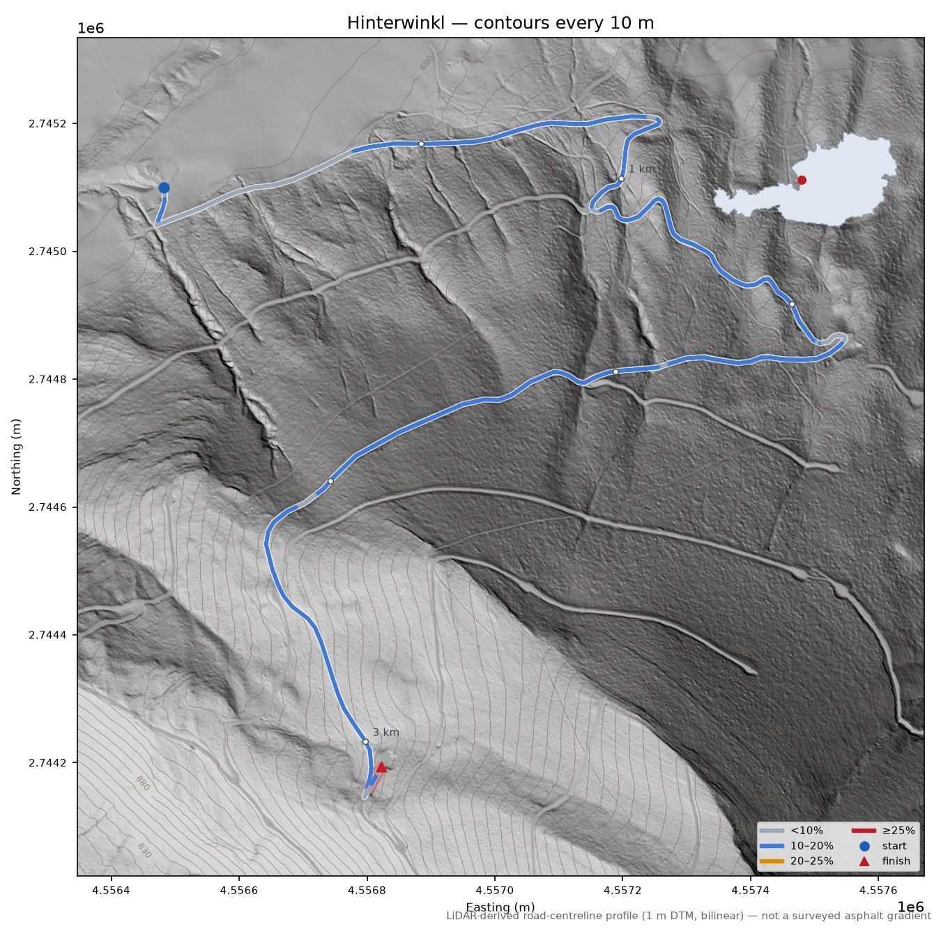 Hinterwinkl LiDAR hillshade map with contours