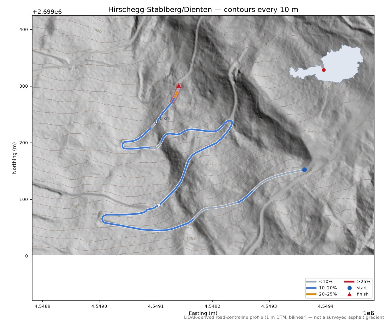 Hirschegg-Stablberg/Dienten LiDAR hillshade map with contours
