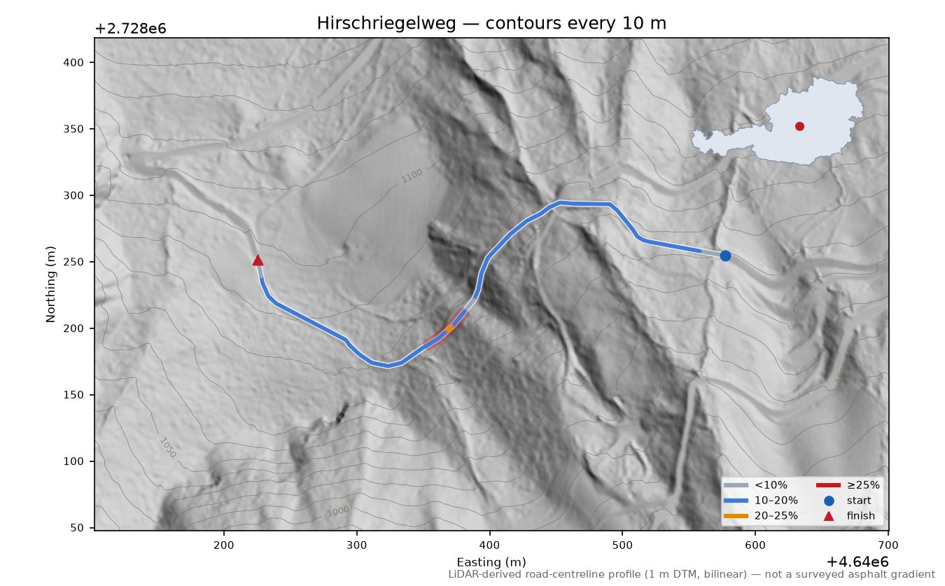 Hirschriegelweg LiDAR hillshade map with contours