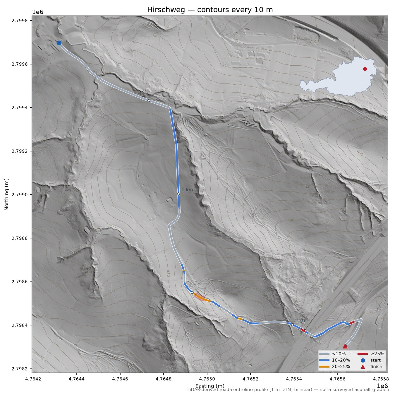 Hirschweg LiDAR hillshade map with contours