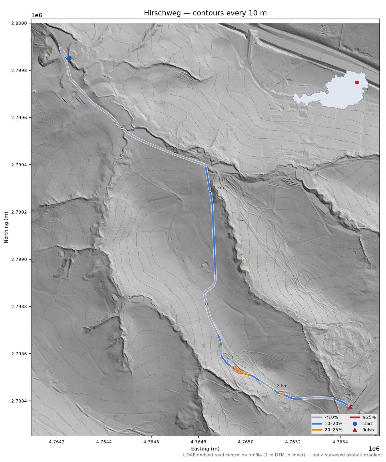 Hirschweg LiDAR hillshade map with contours