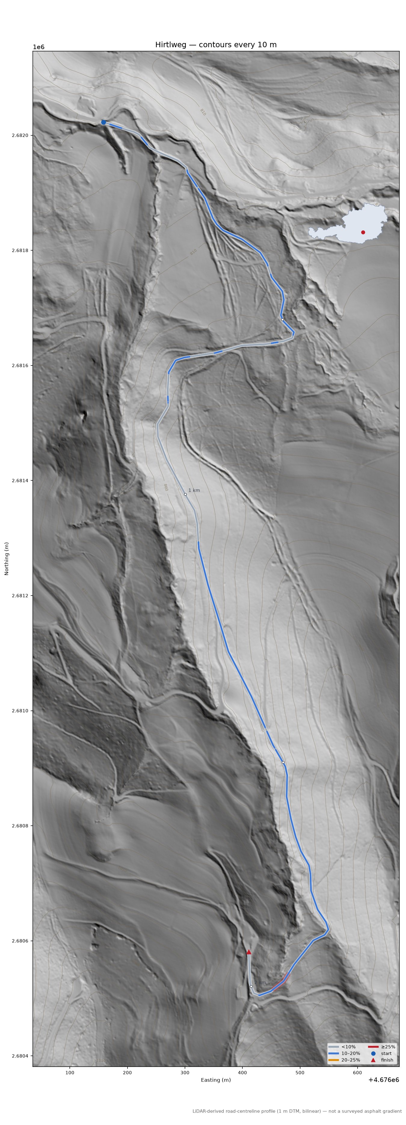 Hirtlweg LiDAR hillshade map with contours
