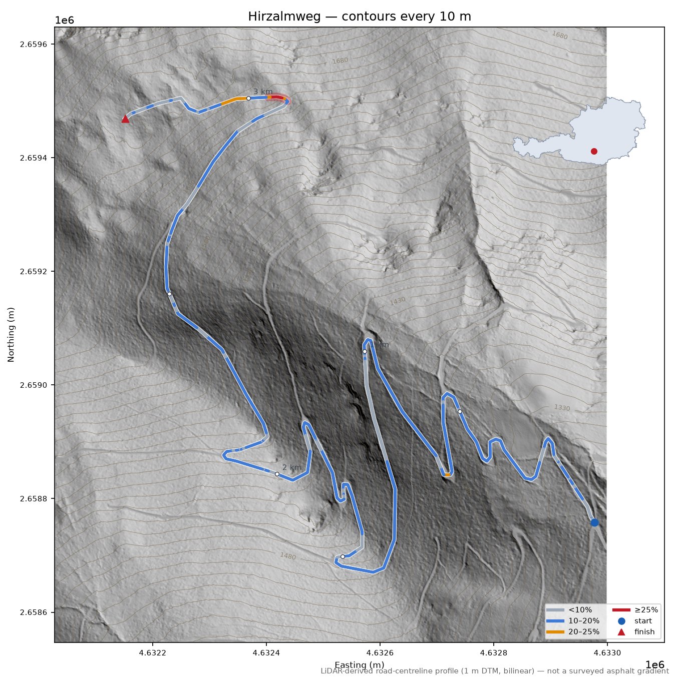 Hirzalmweg LiDAR hillshade map with contours