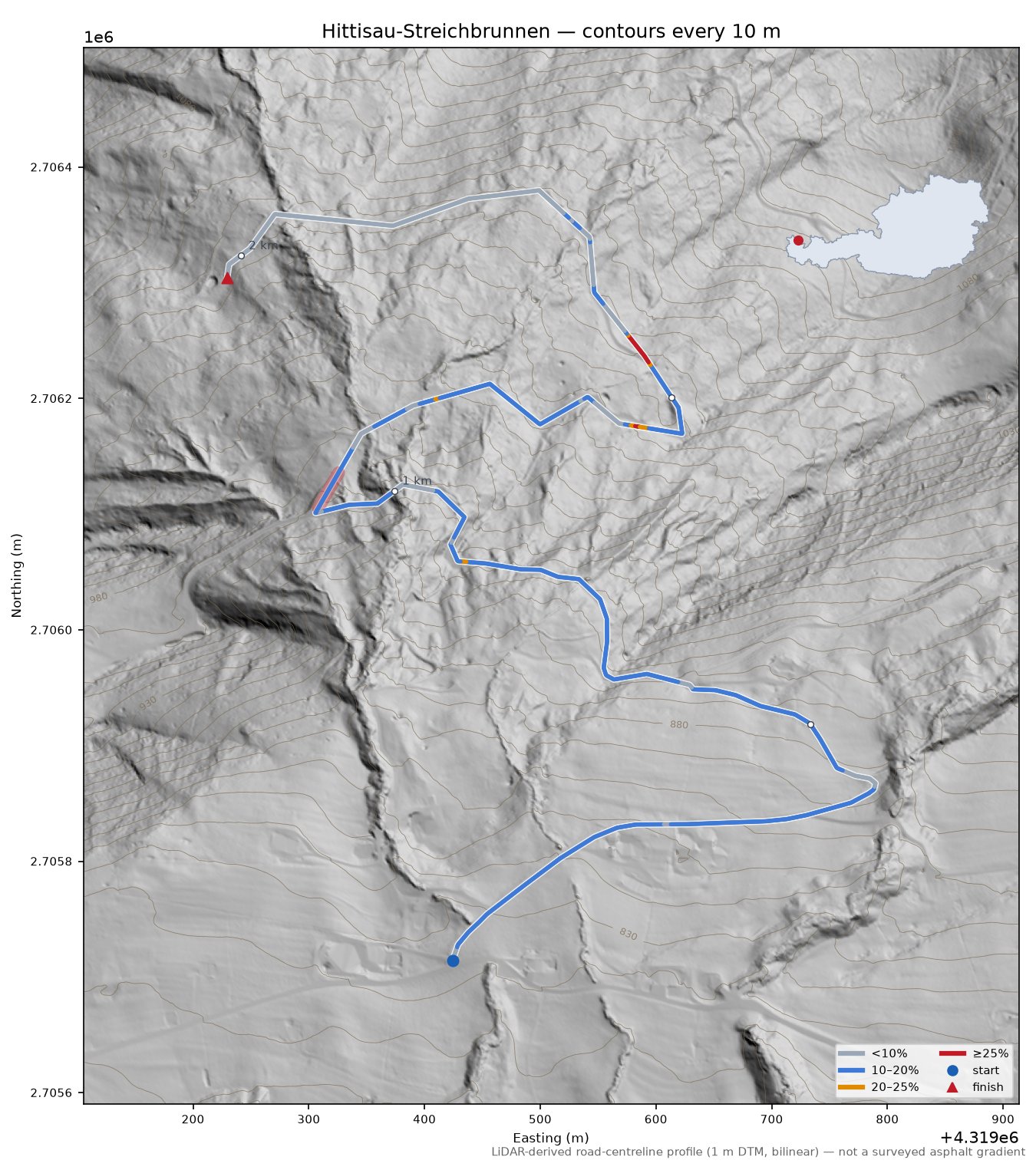 Hittisau-Streichbrunnen LiDAR hillshade map with contours