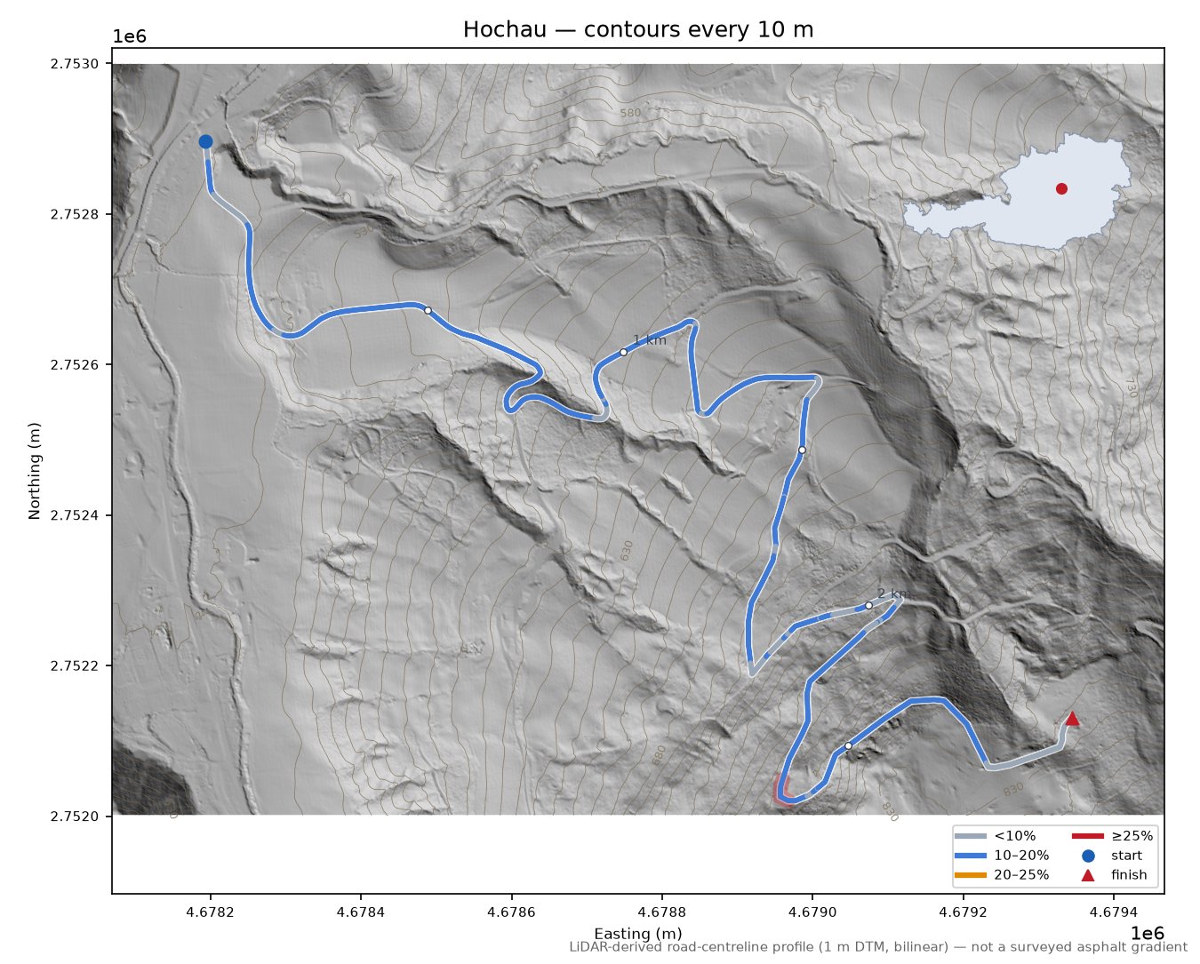 Hochau LiDAR hillshade map with contours