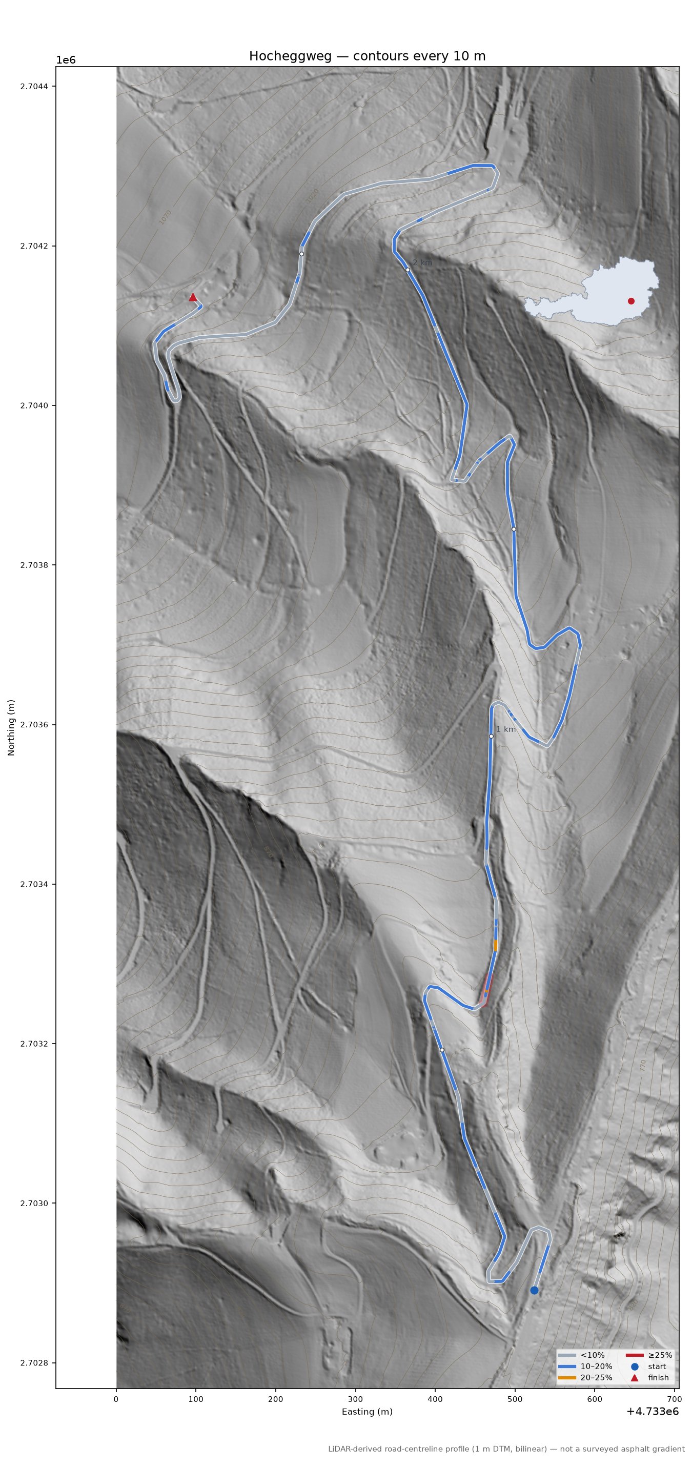 Hocheggweg LiDAR hillshade map with contours