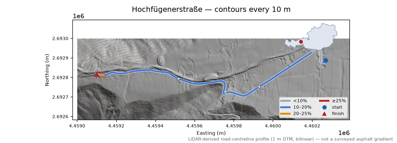 Hochfügenerstraße LiDAR hillshade map with contours