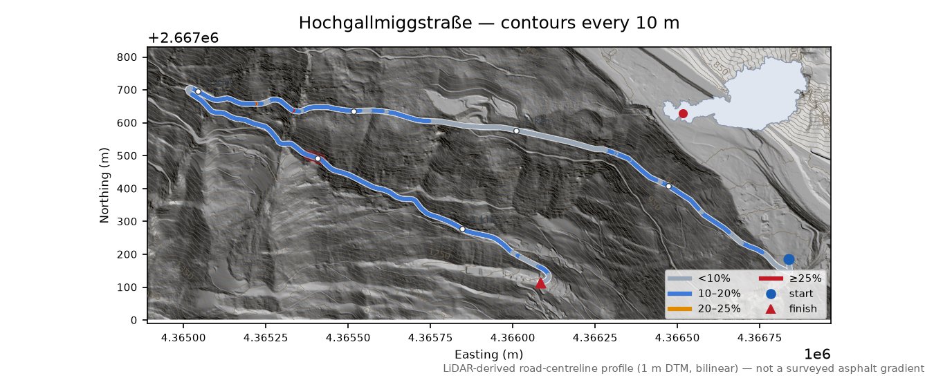 Hochgallmiggstraße LiDAR hillshade map with contours