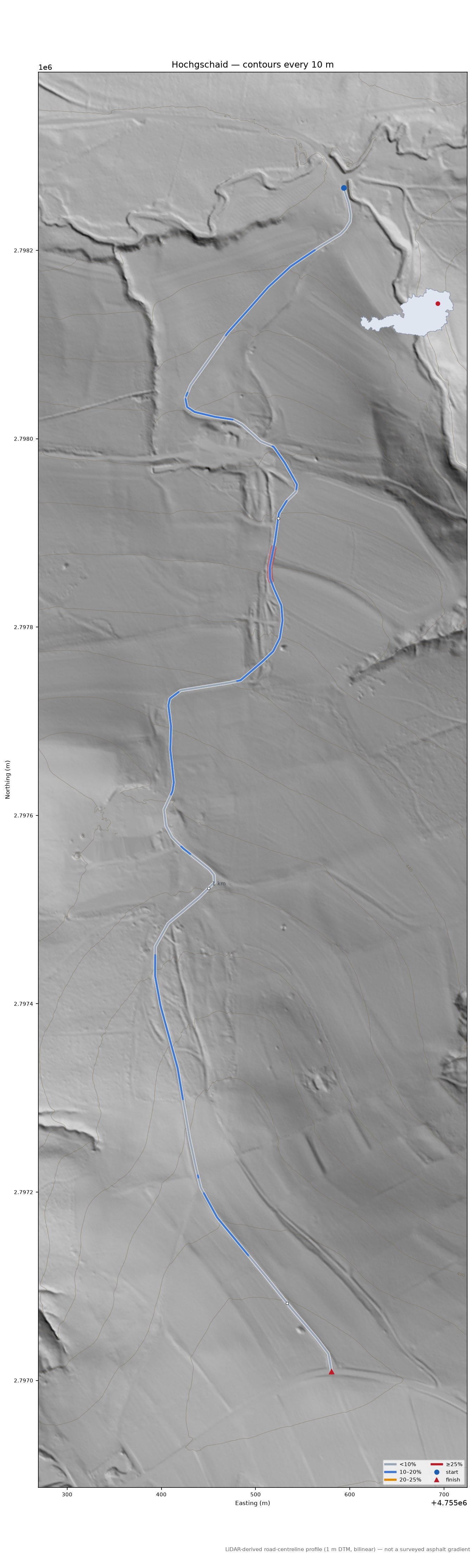 Hochgschaid LiDAR hillshade map with contours