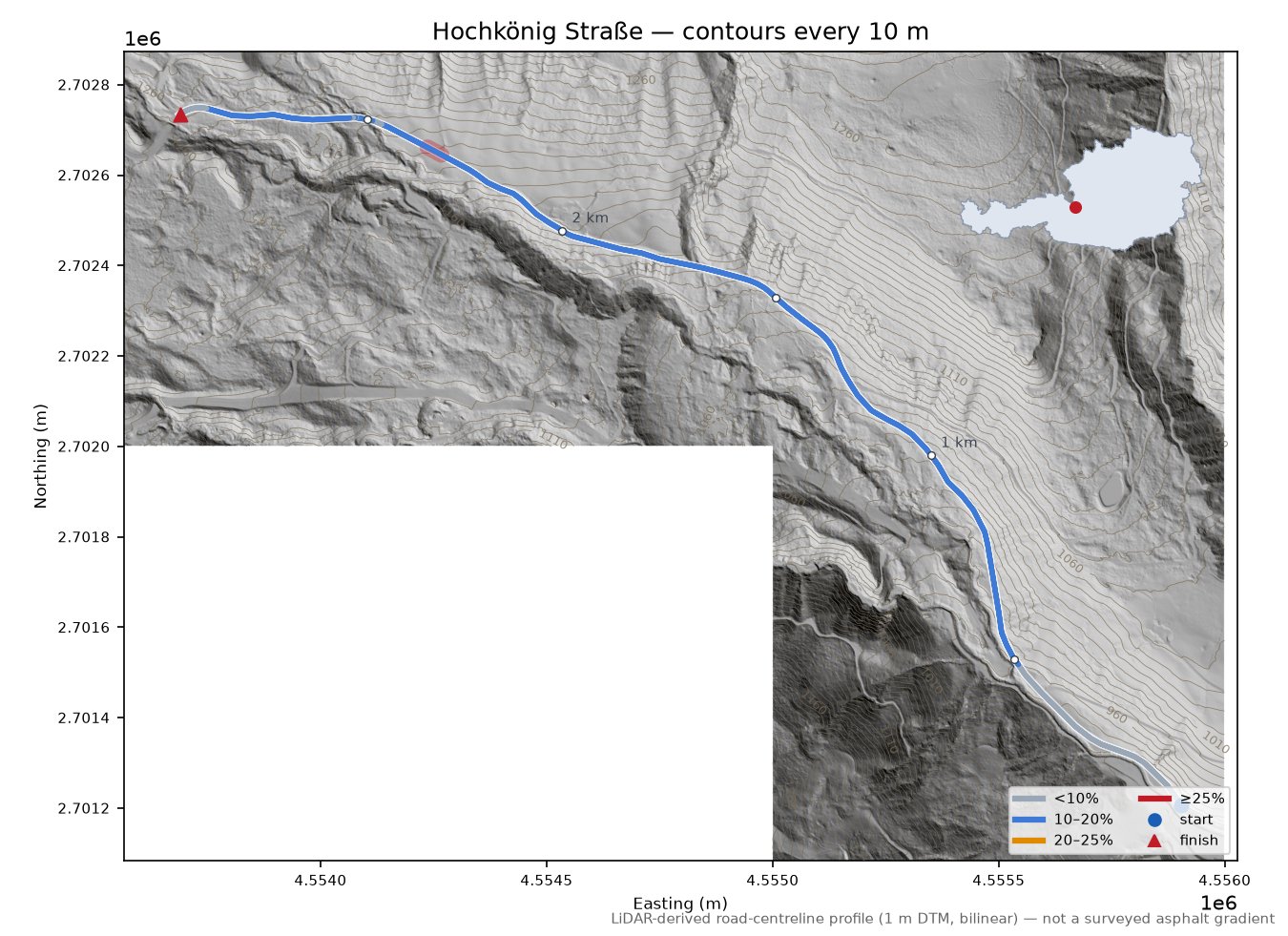 Hochkönig Straße LiDAR hillshade map with contours