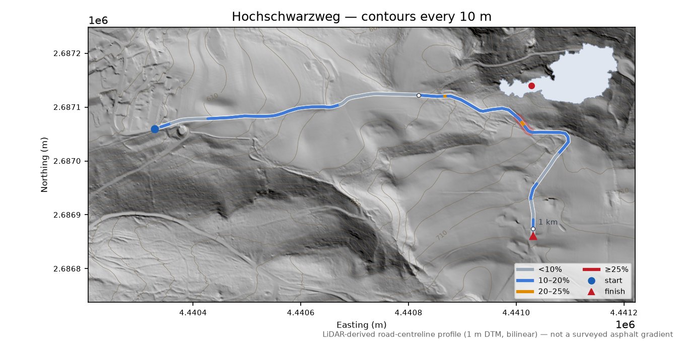 Hochschwarzweg LiDAR hillshade map with contours