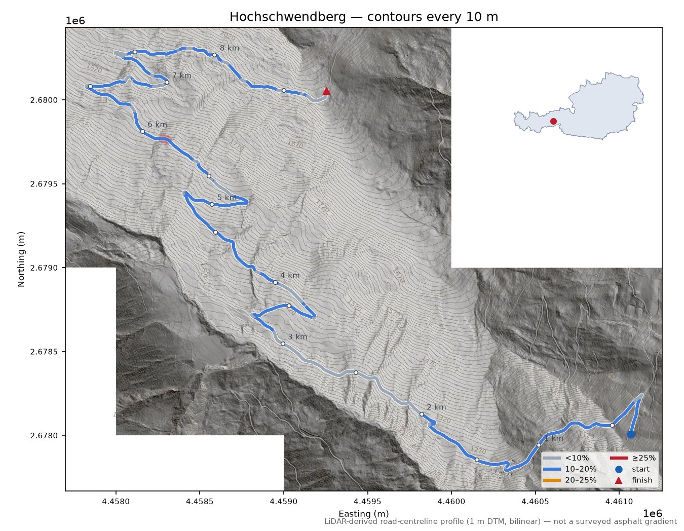 Hochschwendberg LiDAR hillshade map with contours