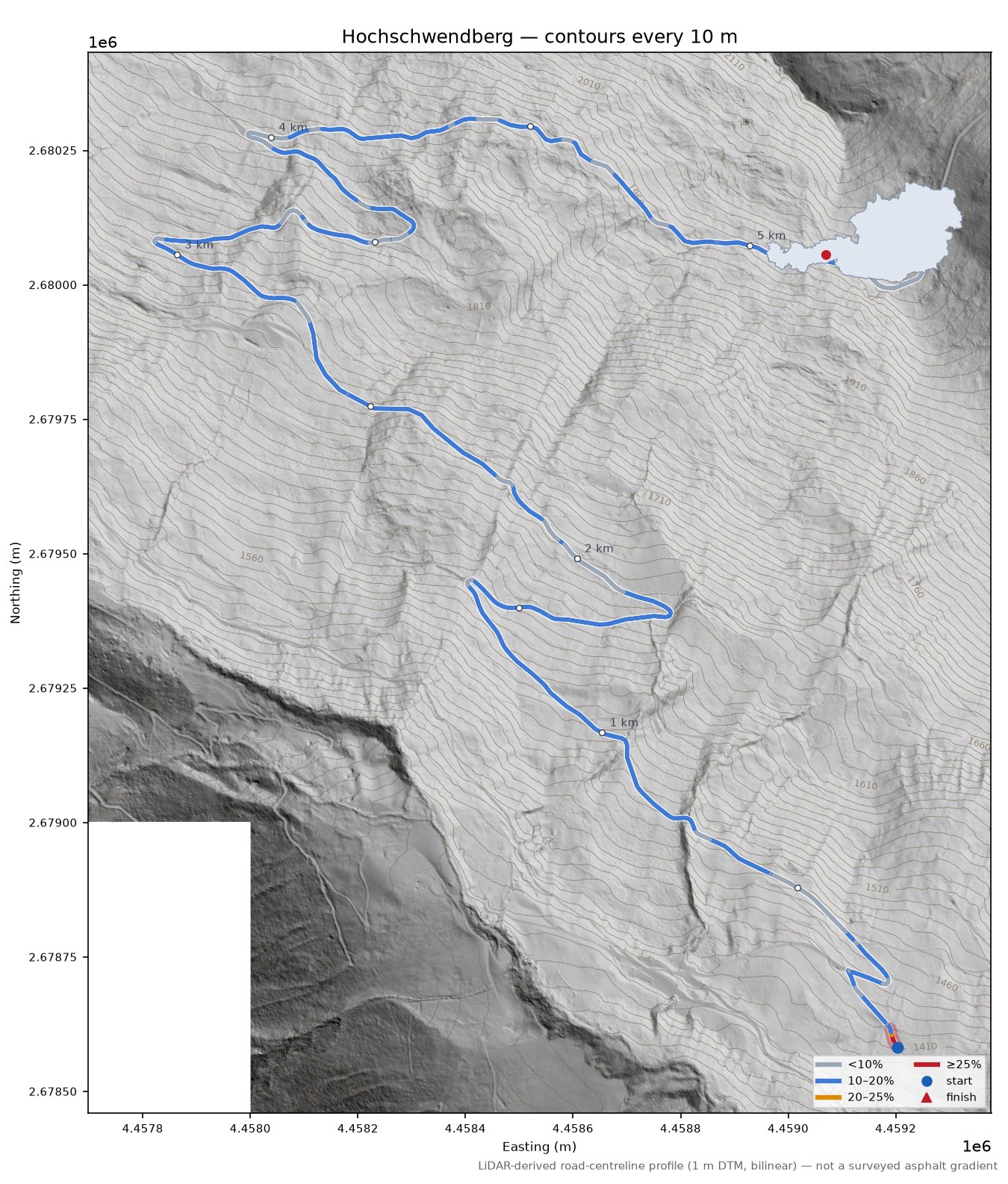 Hochschwendberg LiDAR hillshade map with contours