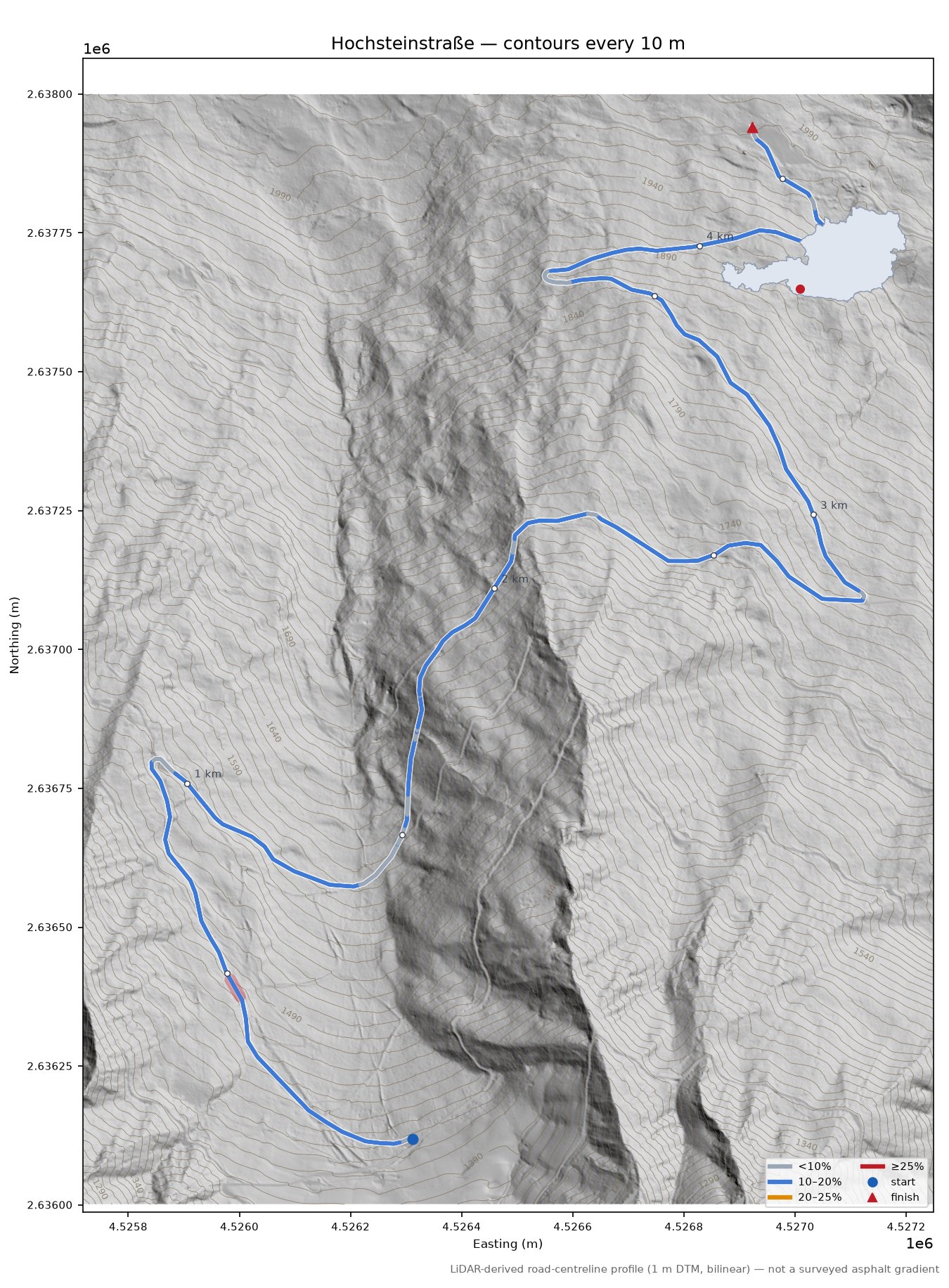 Hochsteinstraße LiDAR hillshade map with contours