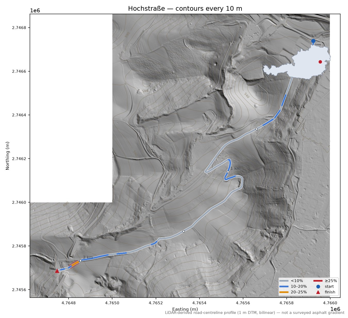 Hochstraße LiDAR hillshade map with contours