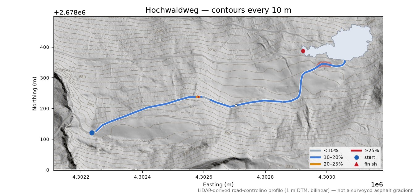 Hochwaldweg LiDAR hillshade map with contours