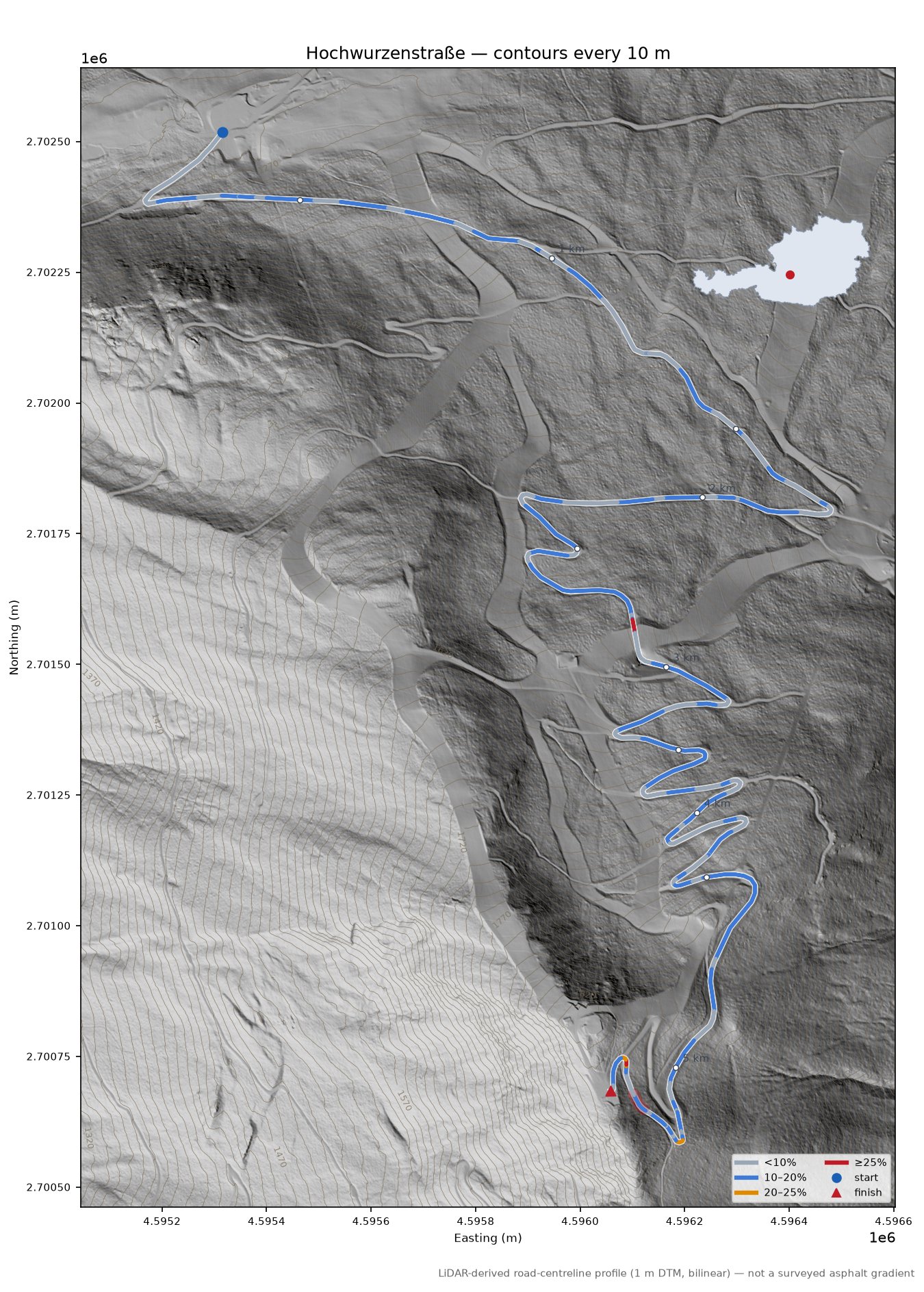 Hochwurzenstraße LiDAR hillshade map with contours