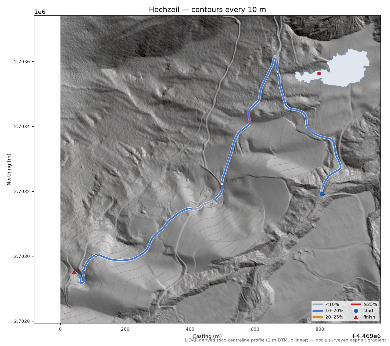 Hochzeil LiDAR hillshade map with contours