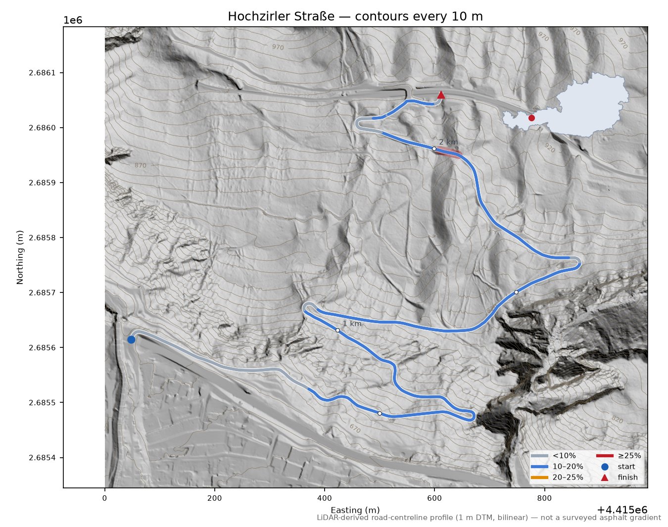 Hochzirler Straße LiDAR hillshade map with contours