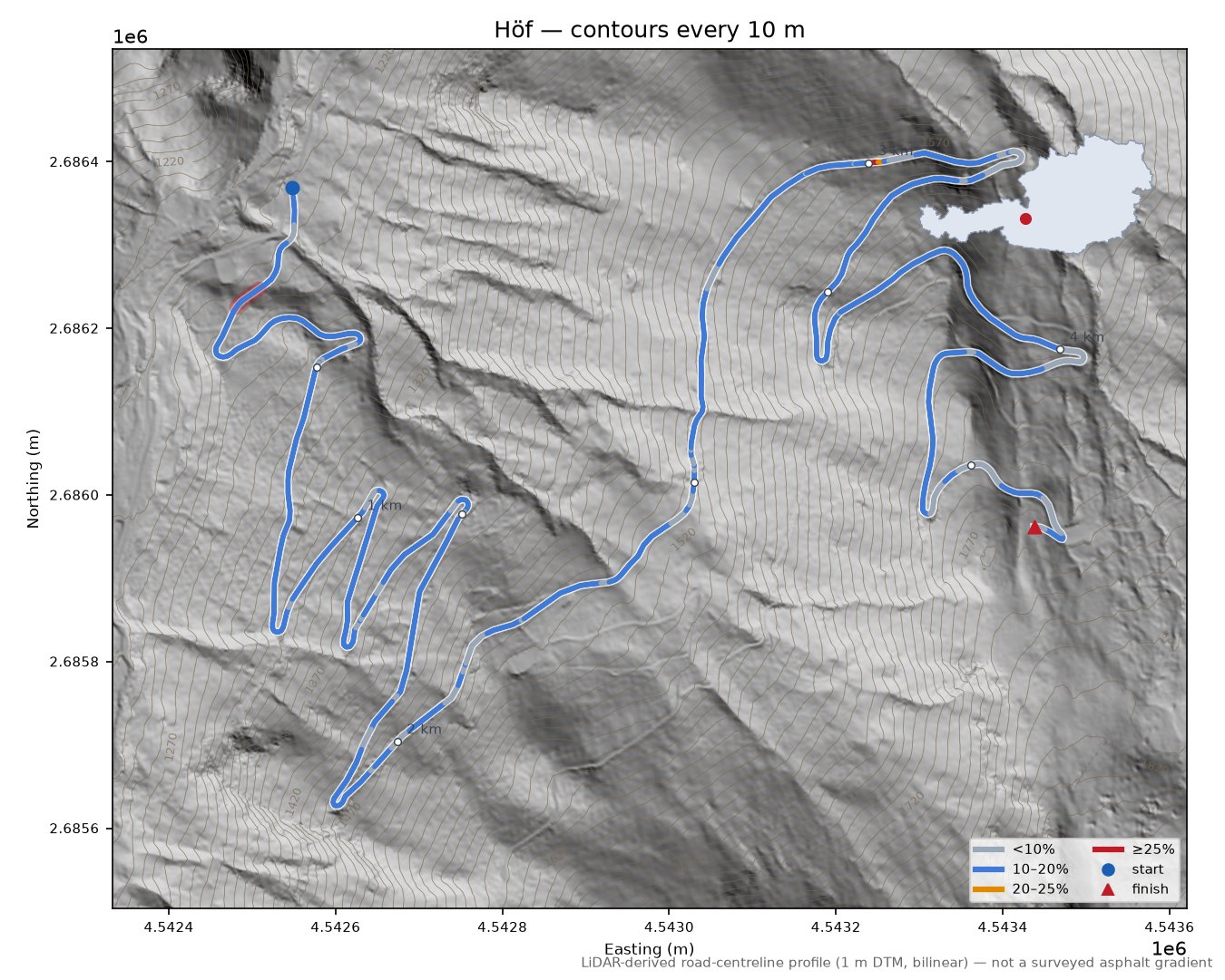 Höf LiDAR hillshade map with contours