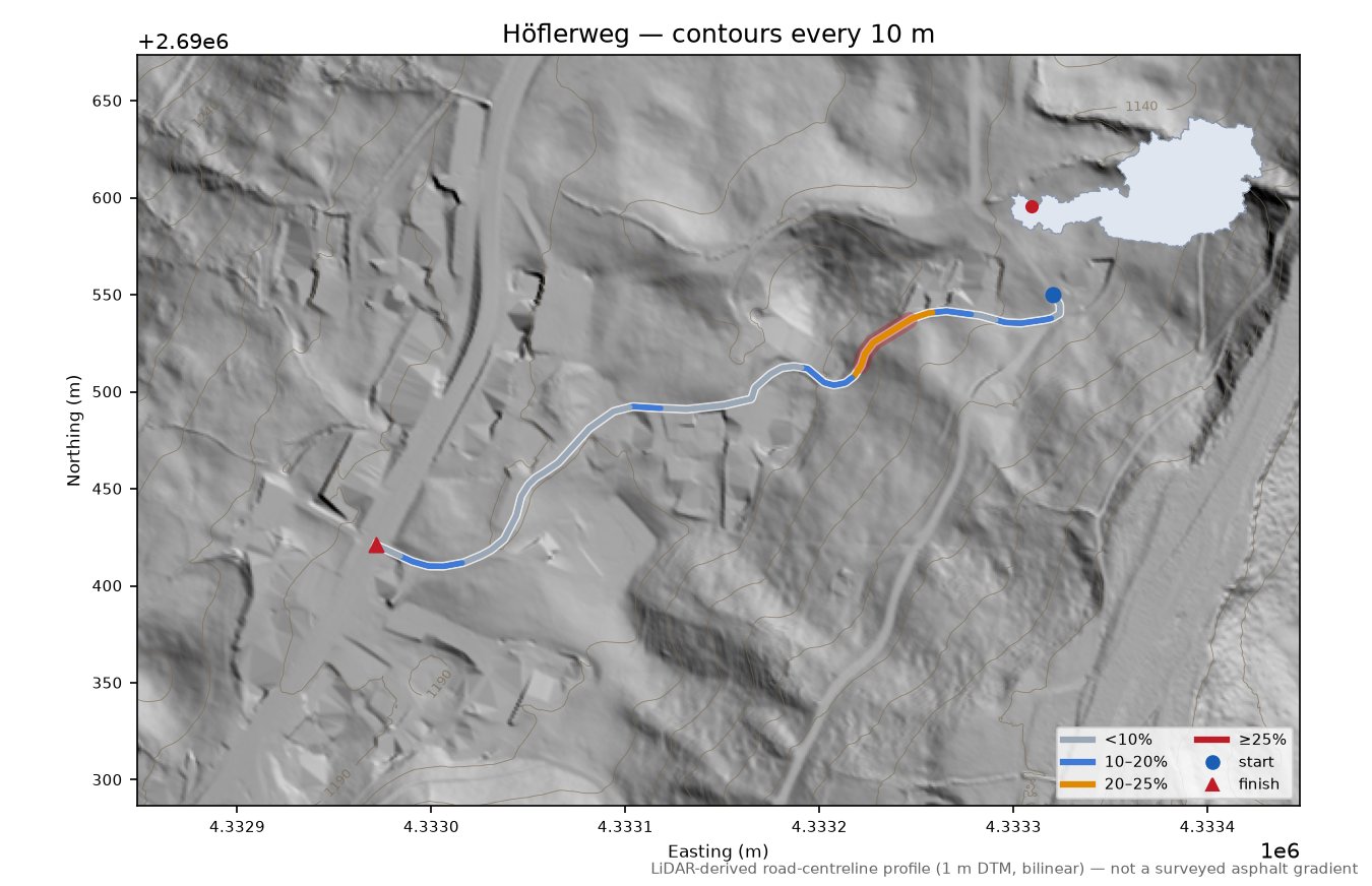 Höflerweg LiDAR hillshade map with contours