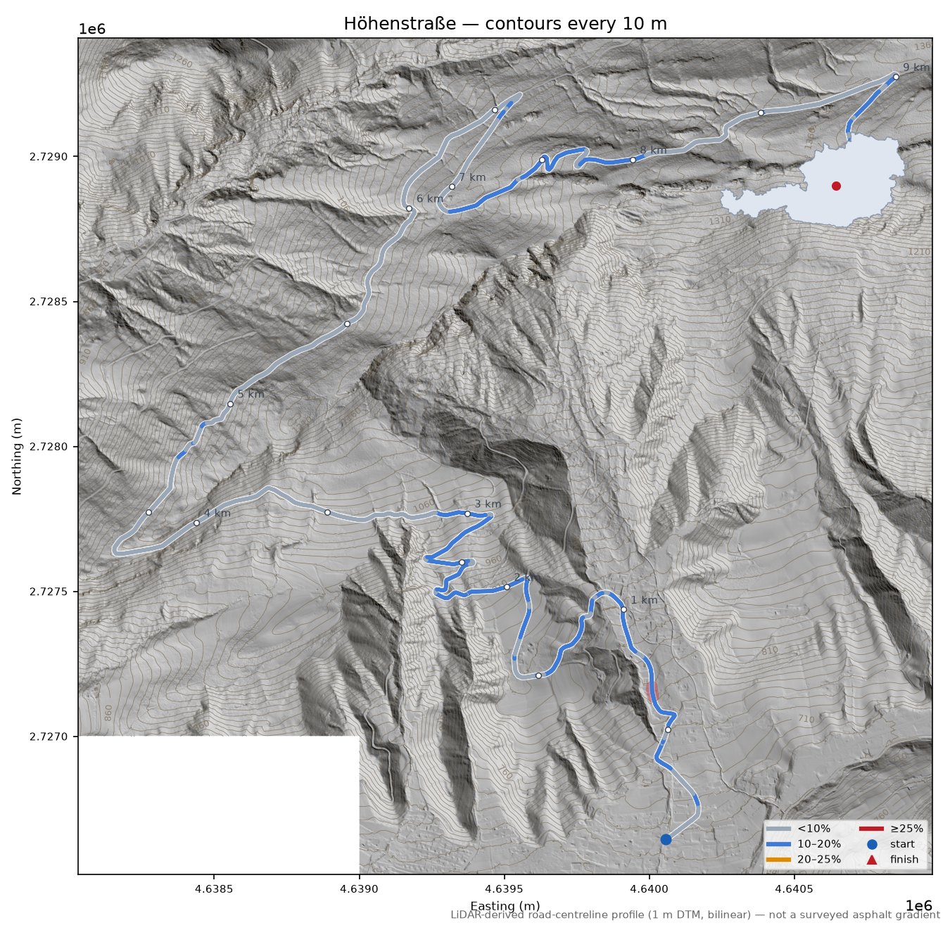 Höhenstraße LiDAR hillshade map with contours