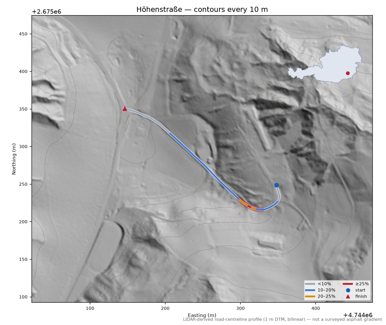 Höhenstraße LiDAR hillshade map with contours