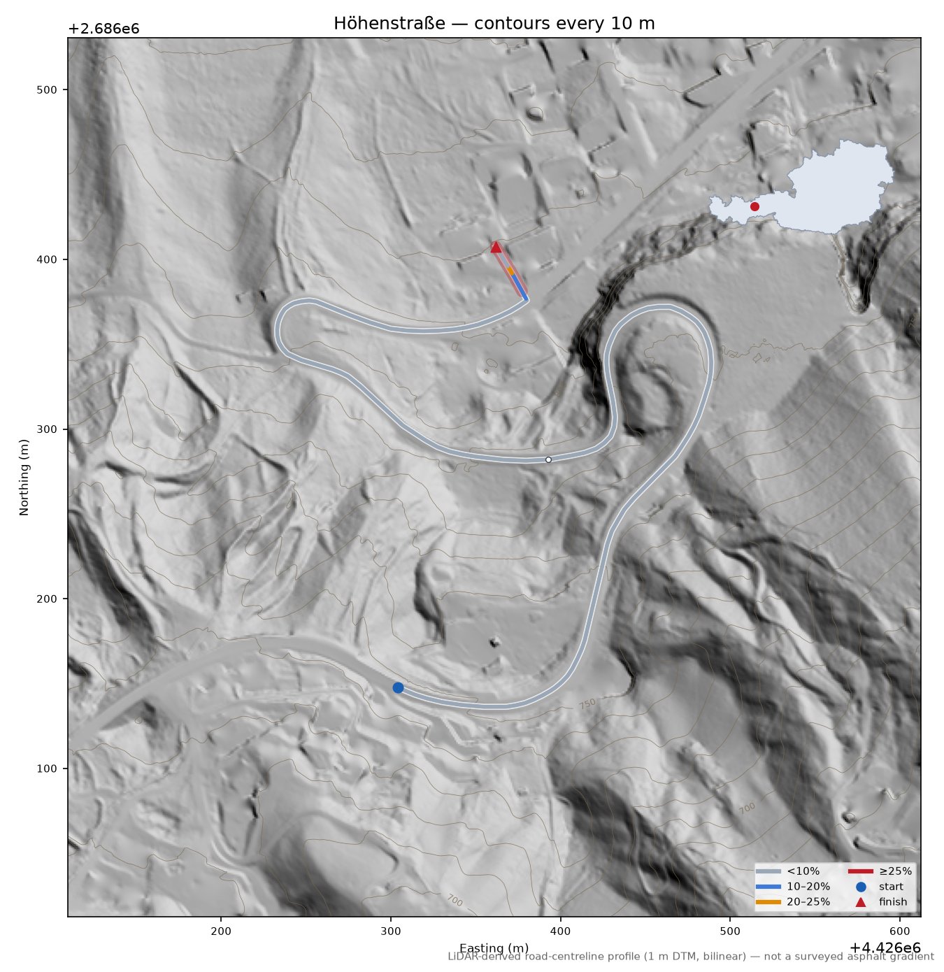 Höhenstraße LiDAR hillshade map with contours