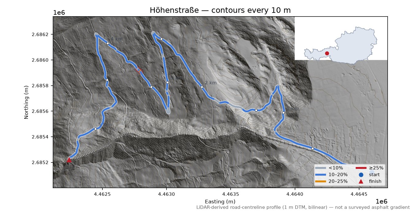 Höhenstraße LiDAR hillshade map with contours