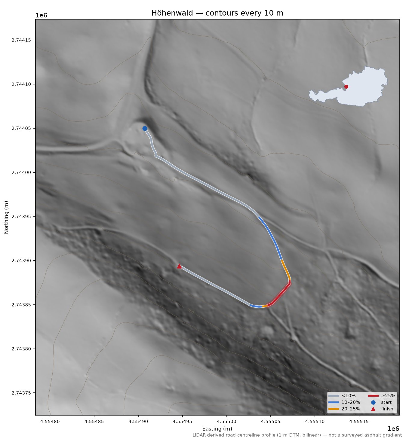 Höhenwald LiDAR hillshade map with contours