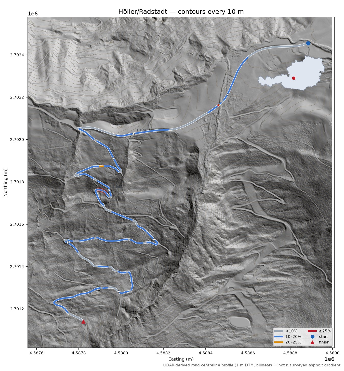 Höller/Radstadt LiDAR hillshade map with contours
