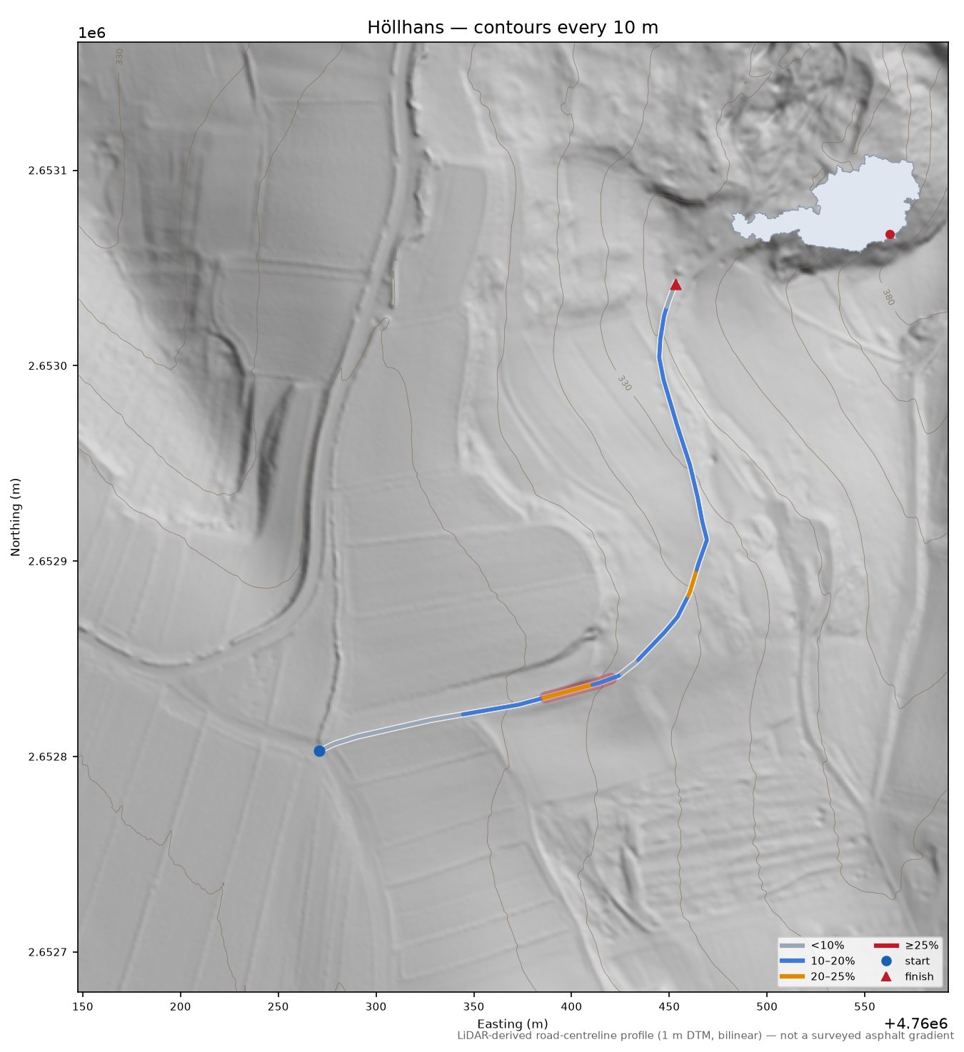 Höllhans LiDAR hillshade map with contours
