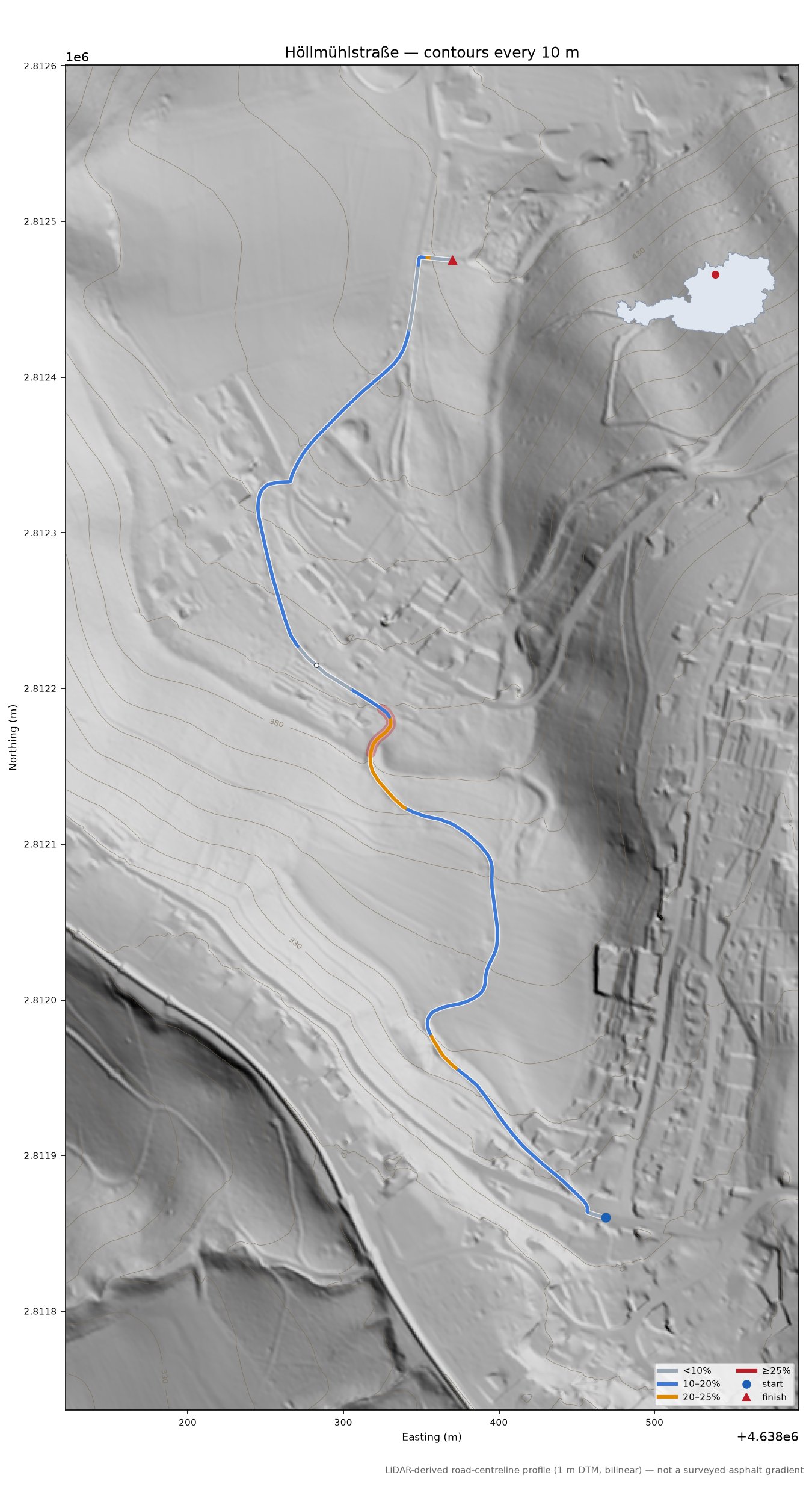 Höllmühlstraße LiDAR hillshade map with contours